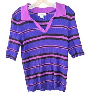 Liz Claiborne Y2K Preppy Knit Polo Sweater Top Size M Striped Retro Tennis Core